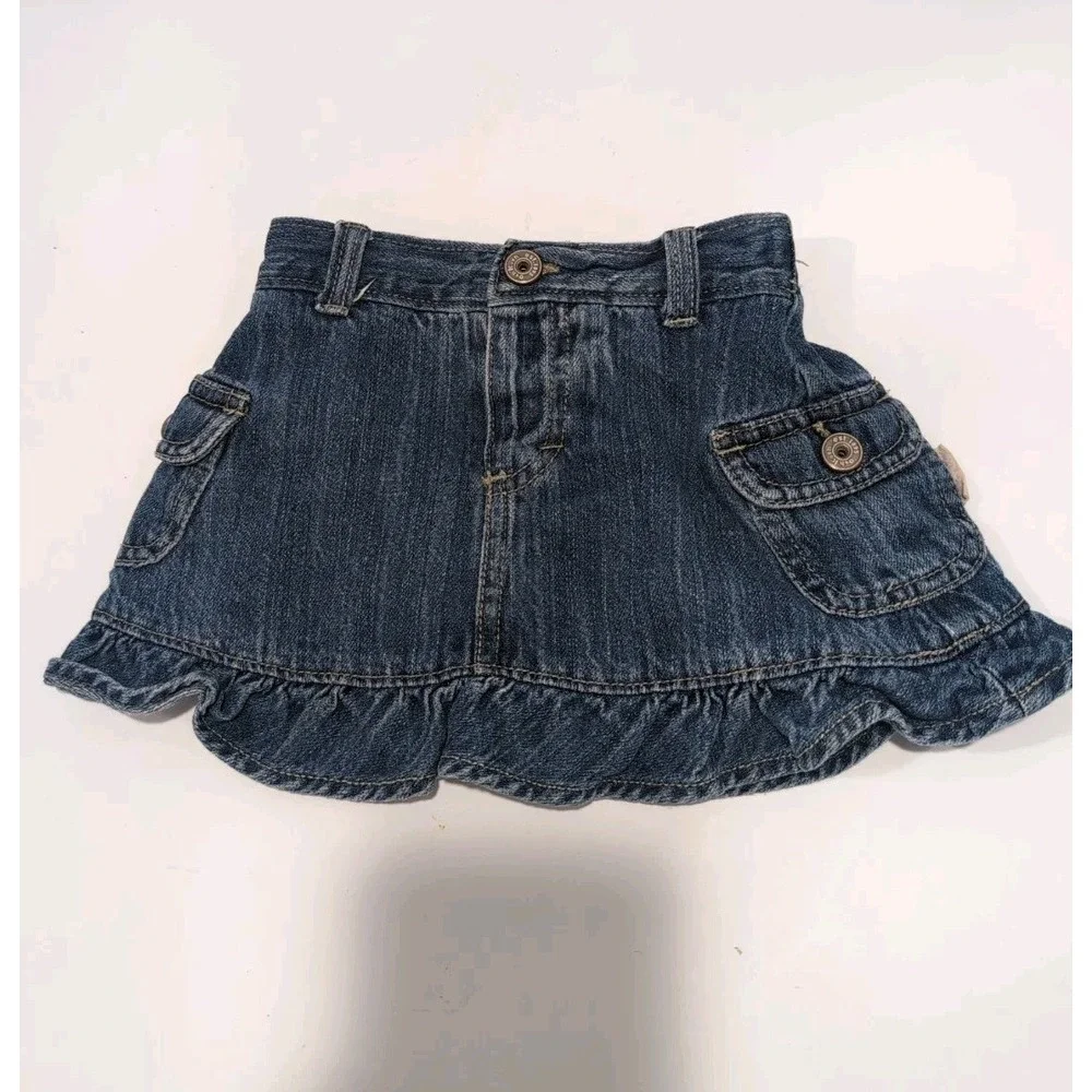 Vintage OshKosh Bgosh Girls Denim Skirt Ruffle 18 Months Blue Striped Y2K Rare